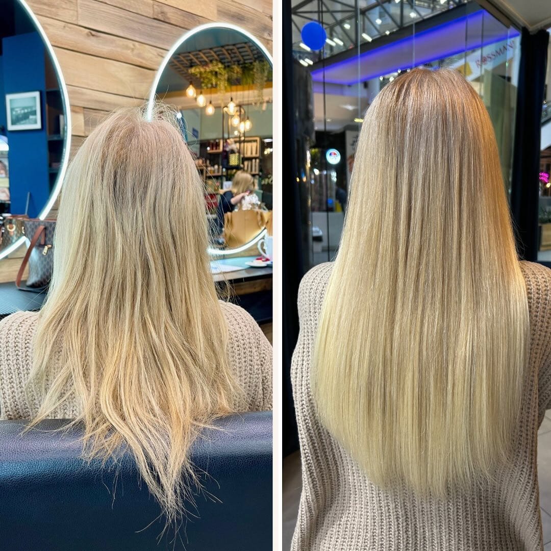 Porównanie włosów przed i po keratynowym prostowaniu w Hair Space